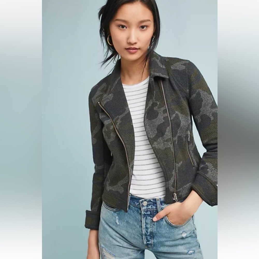 Anthropologie | Women’s Grey/Olive Green Camo Knit Zip Front Moto Jacket Size XS